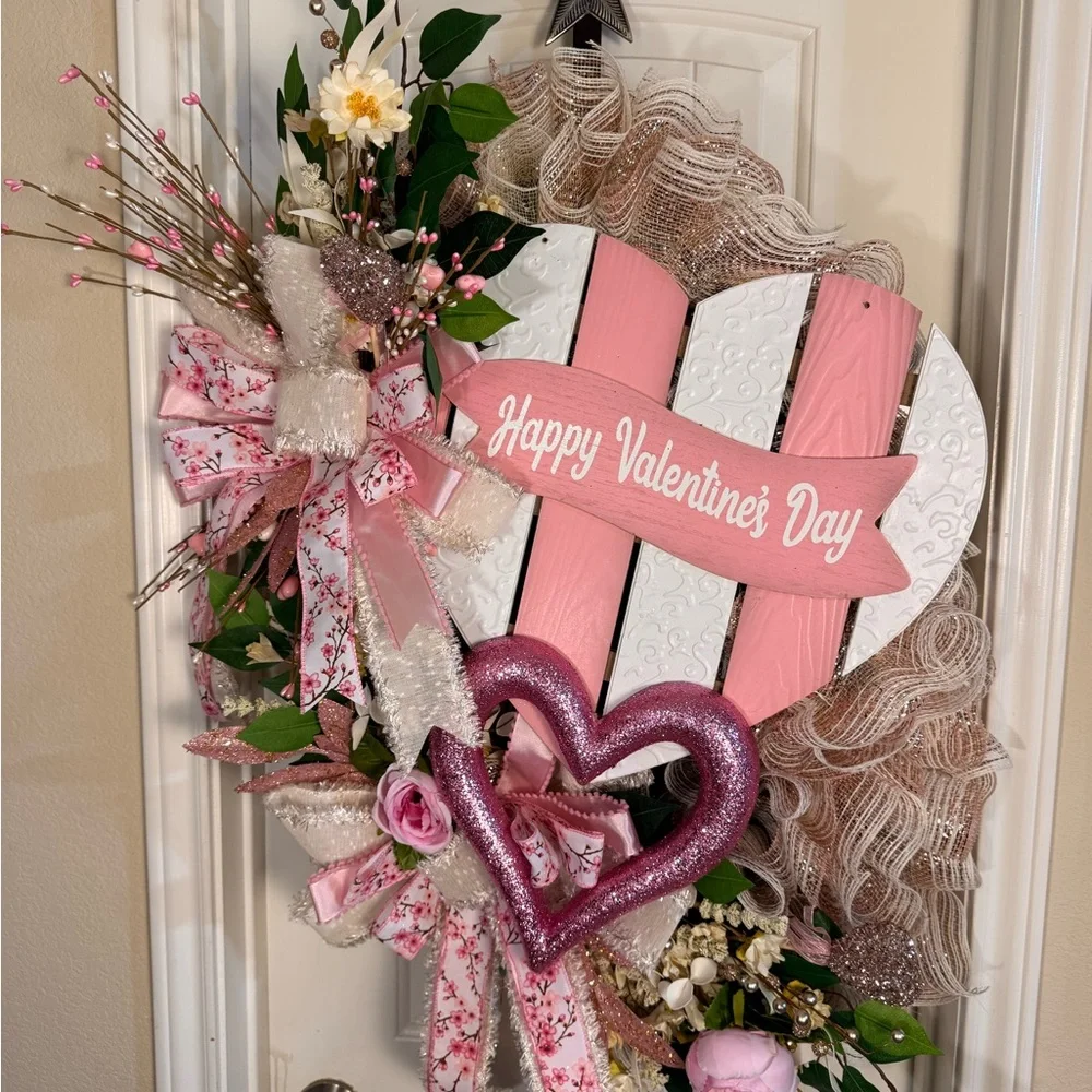 Valentine's Day Heart Wreath with Pink and White Accents